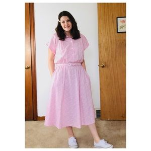 Vintage Eyelet Print Pink Waitress Style Dress